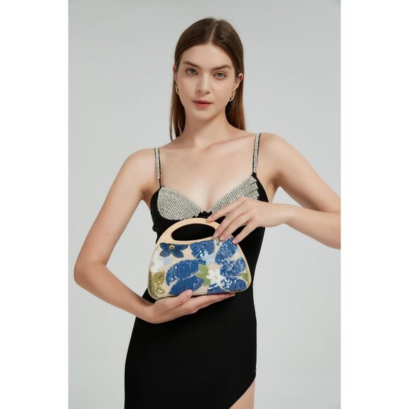 Blue Straw Clutch Handbag for Women, Woven Summer Evening Party Bag with Removab - Picture 2 of 6